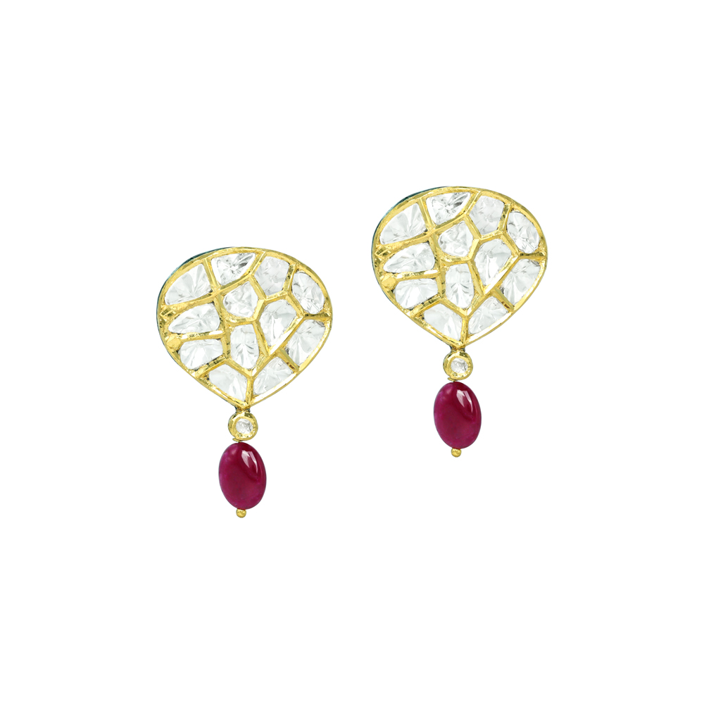 Pear-Shaped Polki Earrings with Ruby Maniya Drop